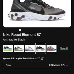 Nike React Element 87
Anthracite Black
Used
Size 9.5