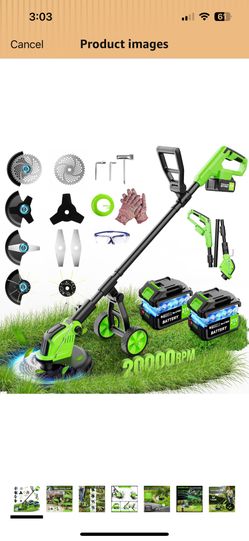 20000 RPM Cordless Weed Wacker with Wheels, 12-Inch Battery Powered Stringless Weed Eater, 6000mAh Batteries, Brushless Motor, 90° Adjustable Head, Ha