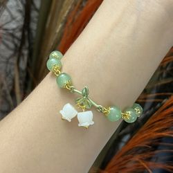 S925 Silver green white jade flowers beads gold bracelet
