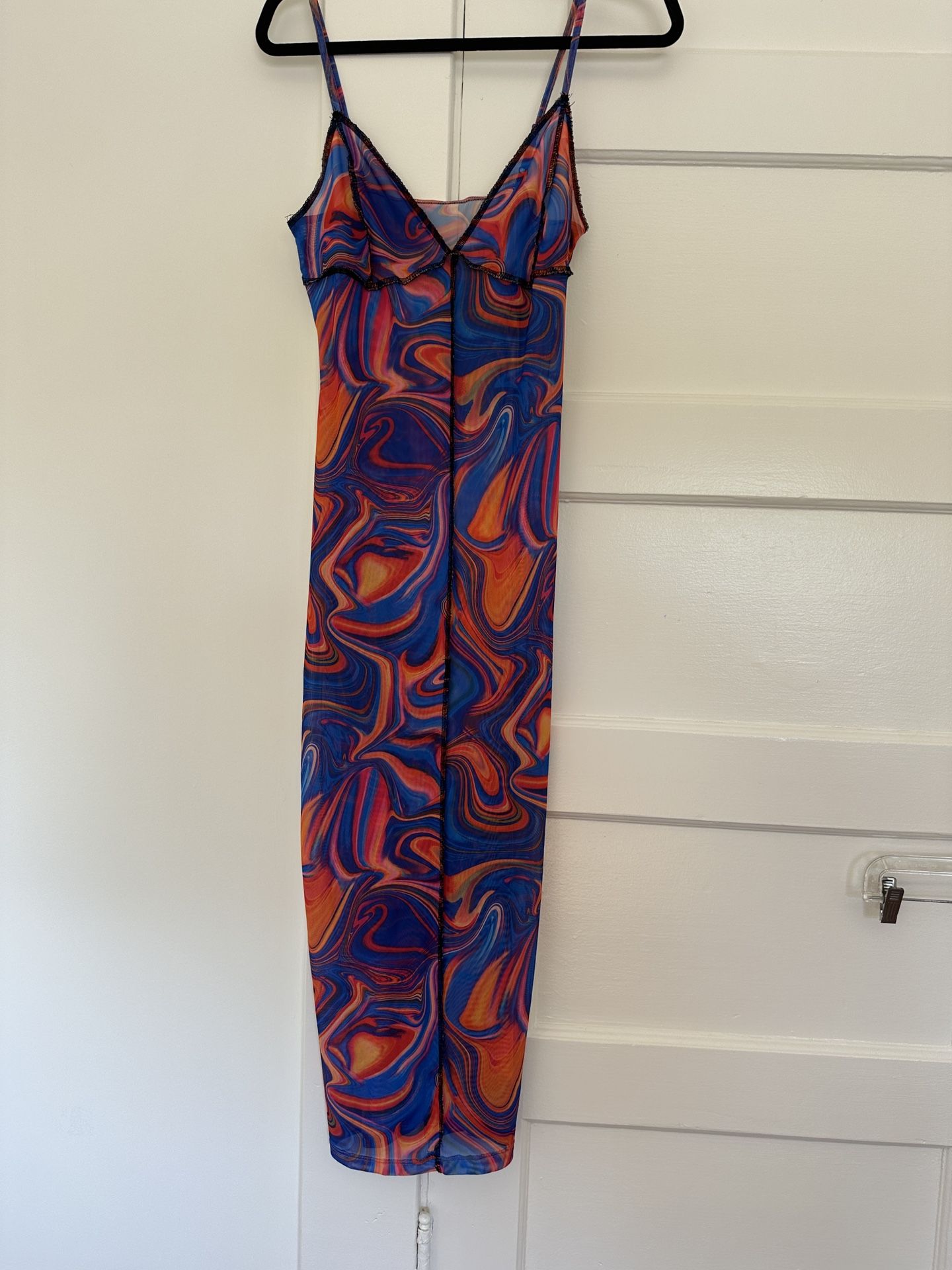 Y2K Mesh Tie-Dye Slip Dress — Blue & Orange Sheer Mini