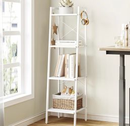 Hzuaneri Ladder Shelf, Bookshelf Bookcase, Freestanding Corner Storage Shelve with 2 Hooks for Home Office, Living Room, Kitchen, Bedroom, Industrial,