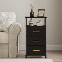   Dresser for Bedroom with 3 Drawers, Fabric Nightstand, Sturdy Steel Frame, Wood Top, Black  