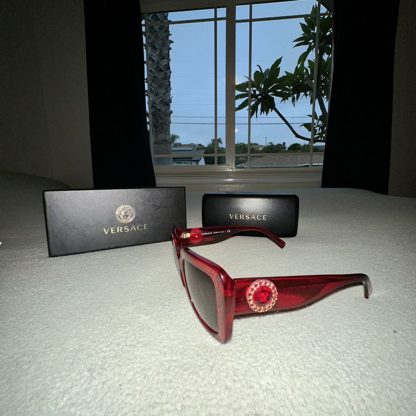 VERSACE RUBY RED SUNGLASSES WITH BOLD GOLD WITH RED CRYSTALS SURROUNDING MEDUSA Red Versace 56mm Square Sunglasses New | Mercari main image 4