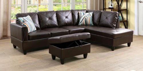 Leather L-Shaped Sectional with Storage Ottoman
