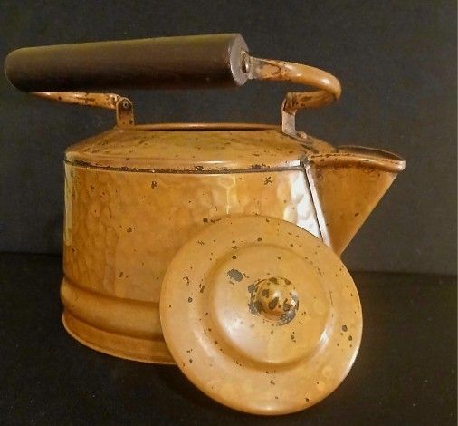 Vintage Copper Hand Hammered Tea Kettle Teapot Wooden Wood Handle 