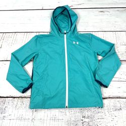 Under Armour Windbreaker rain Jacket Youth med Teal Hooded fold into backpack 