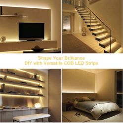 16FT 24V LED Light Strip High Density COB, 9.6W/m Warm White 3000K Lighting, CRI 90+, 8mm Width, Dimmable Strip Lights Perfect for Home Indoor Decorat