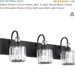 Ralbay Modern Crystal Vanity Light, 3-Light, Round-Black, Instant On, Dimmable, Modern Style, Bathroom Wall Light Fixture