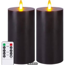 Flameless Candle Brown, Battery-Powered LED Pillar Candle with Remote Control and Timer, Real Wax (3" x 6.5"), Set of 2