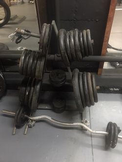 450LBS WEIGHTS + CURL BAR + 2 DUMBBELL HANDLES + RINGS
