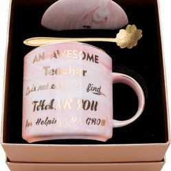 Teacher Gift - Teacher Appreciation Gifts - Best Gifts for Teachers - Best Teacher Gifts for Women - Pink Marble Ceramic Coffee Mugs 11.5oz and Lid