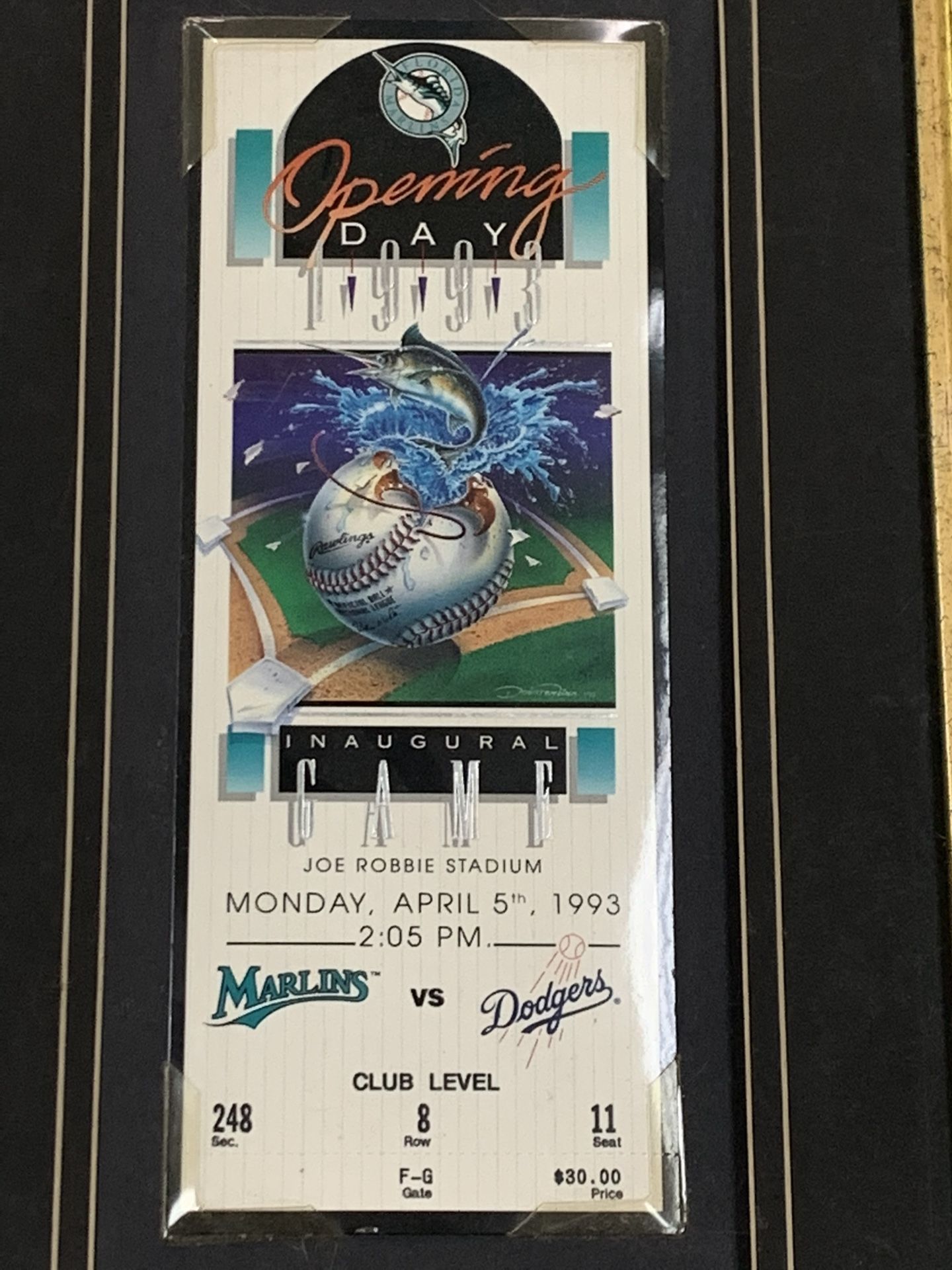 1993 Florida Marlins Inaugural Opening Day Game Ticket Framed