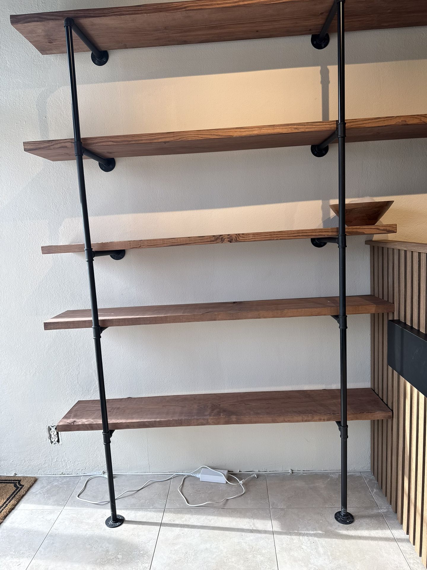 Heavy Duty Solid Stained Wood And Iron Pipe Shelving. In New Condition No Scratches Or Dents.