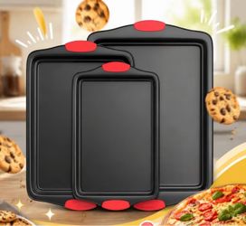 2 sets 6‑Piece Nonstick Cookie Sheets – Carbon Steel Baking Sheet Set with Non Stick Coating & Red Silicone Handles – Oven Pans for Family Baking