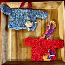 2 Extra Large Hand Knitted Christmas Sweater Ornaments 90’s Wool Chenille