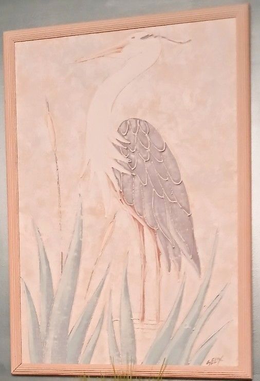 Dimensional Painting On Canvas with Frame - "Heron"; Approx. 26" W x 39" H