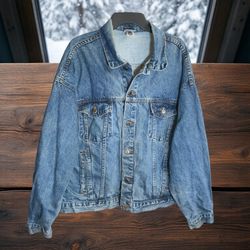 TYCA Vintage Jean Jacket 70s or 80s with Embossed Logos, Men XL