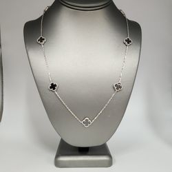 Fashion Silver Onyx Clover Motifs Necklace 22.5"