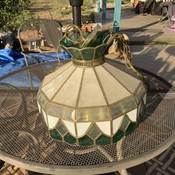 Vintage Tiffany-Style Stained Glass Swag Lamp Shade And Lamp -1970s Green & White