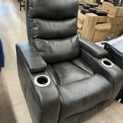 Power Recliner Leather Chair with Pillow Top Arms USB Charging Port & Cup Holders & Hidden Drawer - Gray