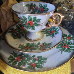 Iridescent Holly Berry Teacup and Saucer Set
