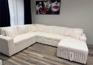 Forever Beige Corduroy Fabric Sectional with Pull-Out Bed and Storage Chaise. Brand New.