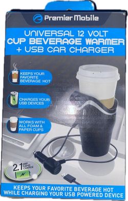 Premier Mobile Universal 12 Volt Cup Beverage Warmer + USB Car Charger Black