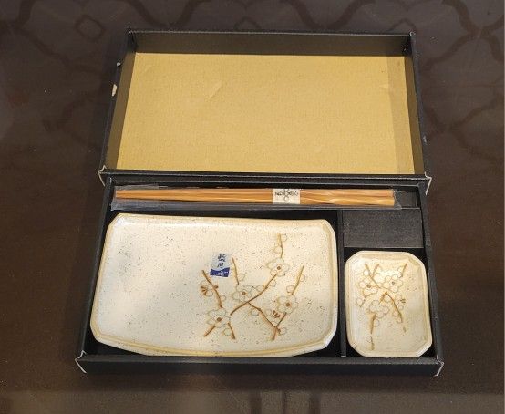 NEW Japanese Sushi Set Stoneware Dishes Cherry Blossom Design & Chopsticks