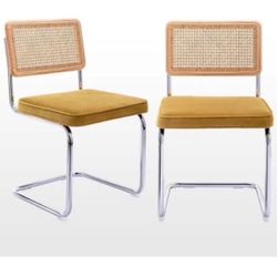 Mid Century Modern Dining Chairs Set of 2, Velvet Accent Chairs with Natural Cane Back & Stainless C