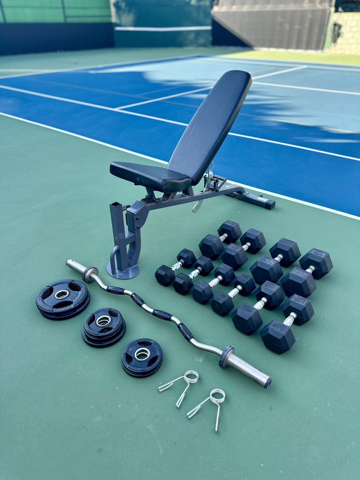 Hampton Fitness Dumbbells 15–50 lb + Curl Bar + Plates + Adjustable Bench (Commercial Gym Set)