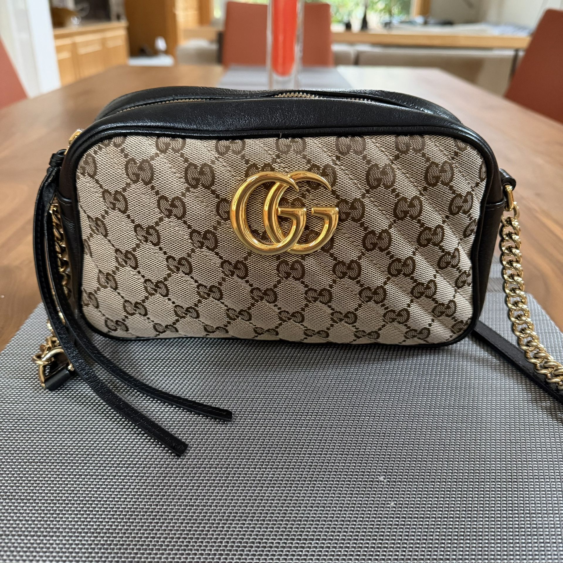 Gucci Monogram Matelasse Diagonal Small GG Marmont Chain Shoulder Bag