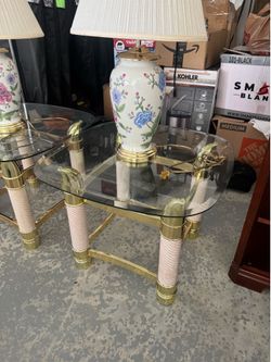 Vintage Hollywood Regency Brass & Glass End Table with Twisted Column Base