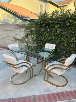 1980s vintage Postmodern brass tubular and Glass dining table set style of Milo Baughman