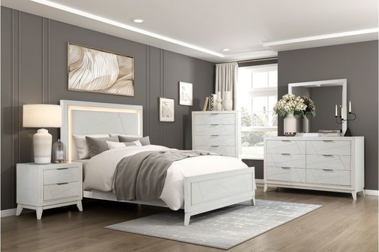 💎4 PIECE QUEEN / KING SIZE BEDROOM SET BED FRAME DRESSER NIGHTSTAND MIRROR RECAMARA LED💎