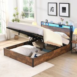 Lift-up Storage Bed Frame, Full Size Bed Frame with Bookcase Headboard & LED Lights, Wooden Platform Bed Frame
