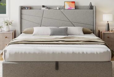 Queen Bed Frame with Storage and charging station headboard