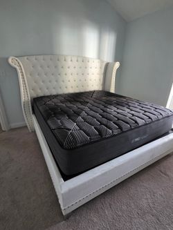 White Tufted Sleigh Bed Frame with Nailhead Trim