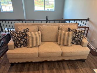 Beige Linen Sofa with Nailhead Trim, couch, furniture