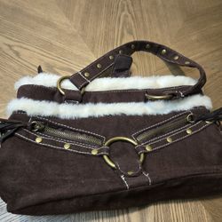 Faux Suede Faux Sheepskin Trim Shoulder Bag