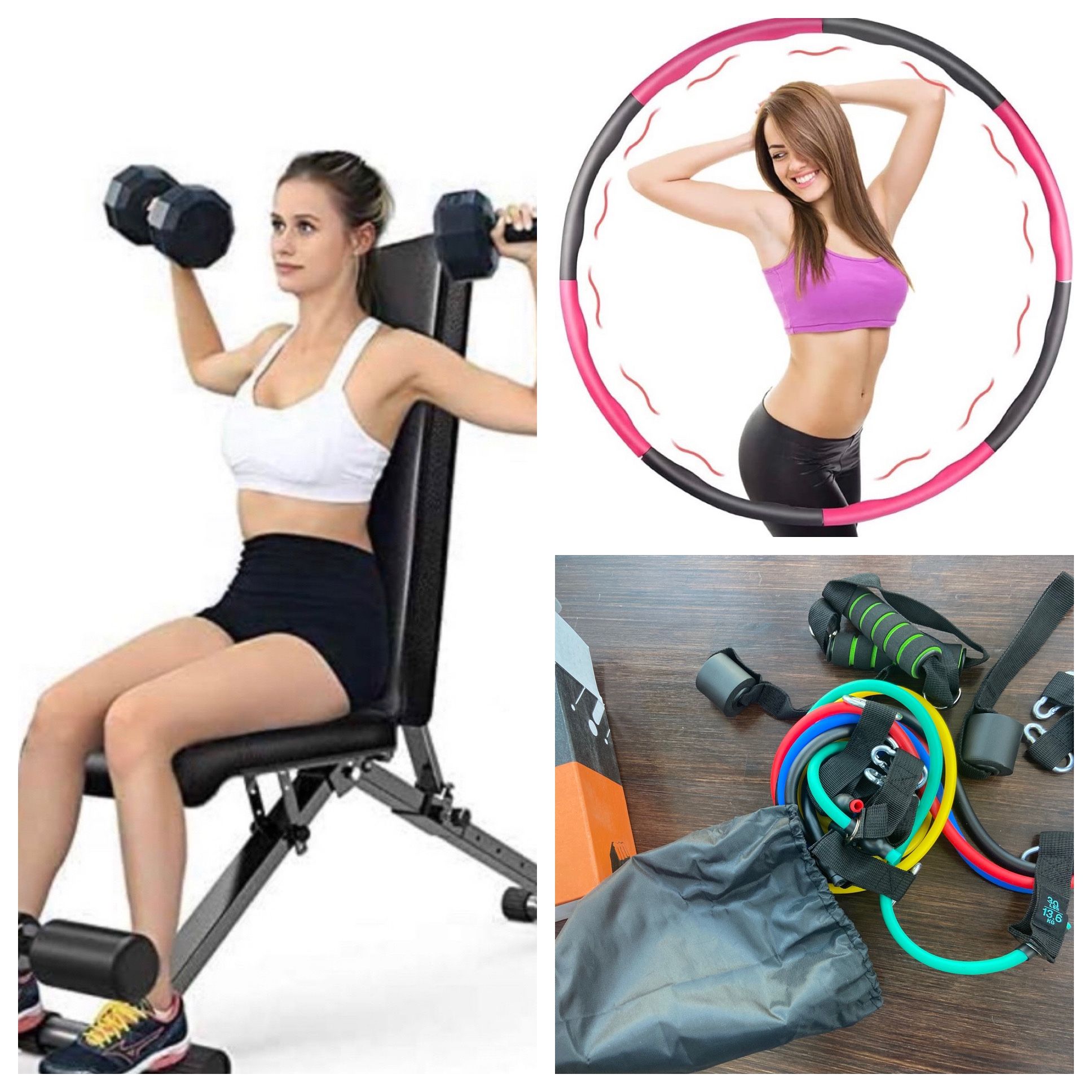 Adjustable Work Out Excercise Bench With Resistance Bands And Weighted Hula Hoop