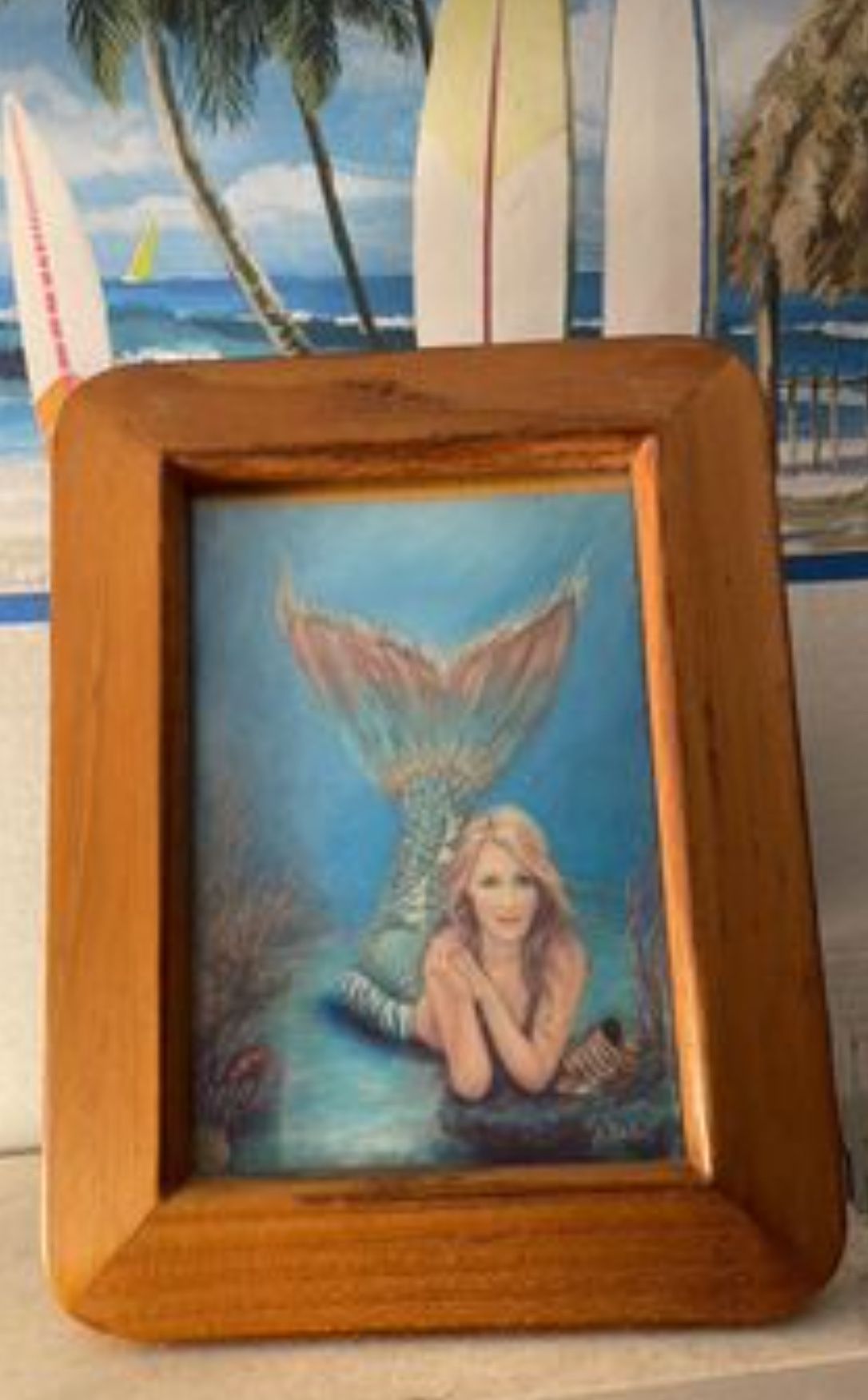 Unique And Original Pretty Mermaid Framed In Solid Oak Under Glass
