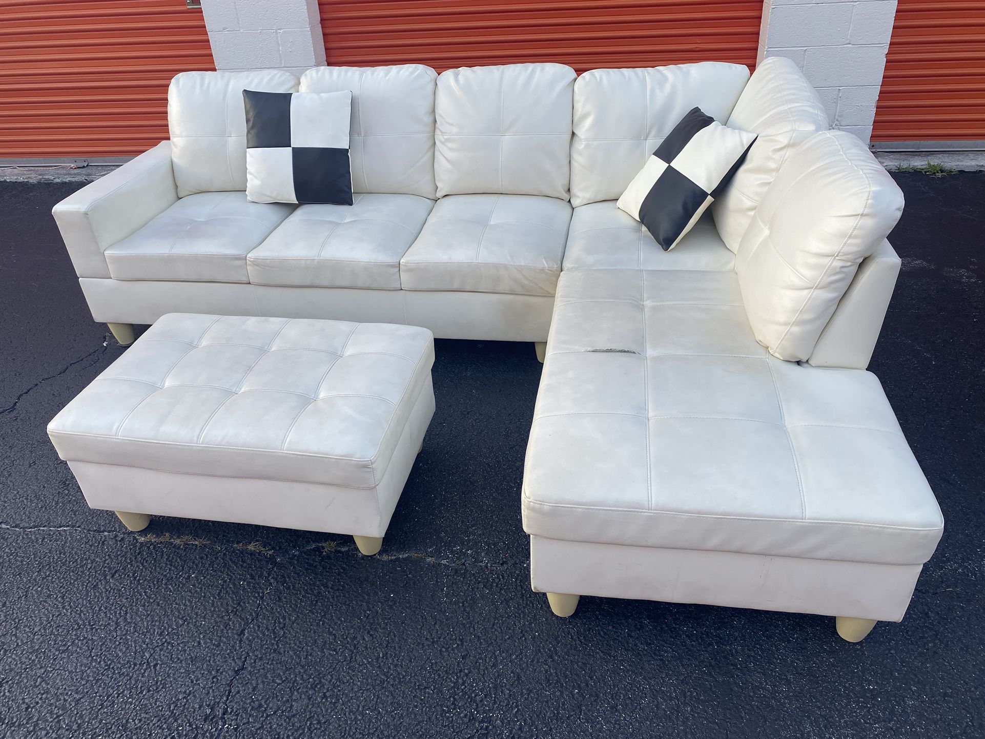 White Leather Couch With Storage Ottoman