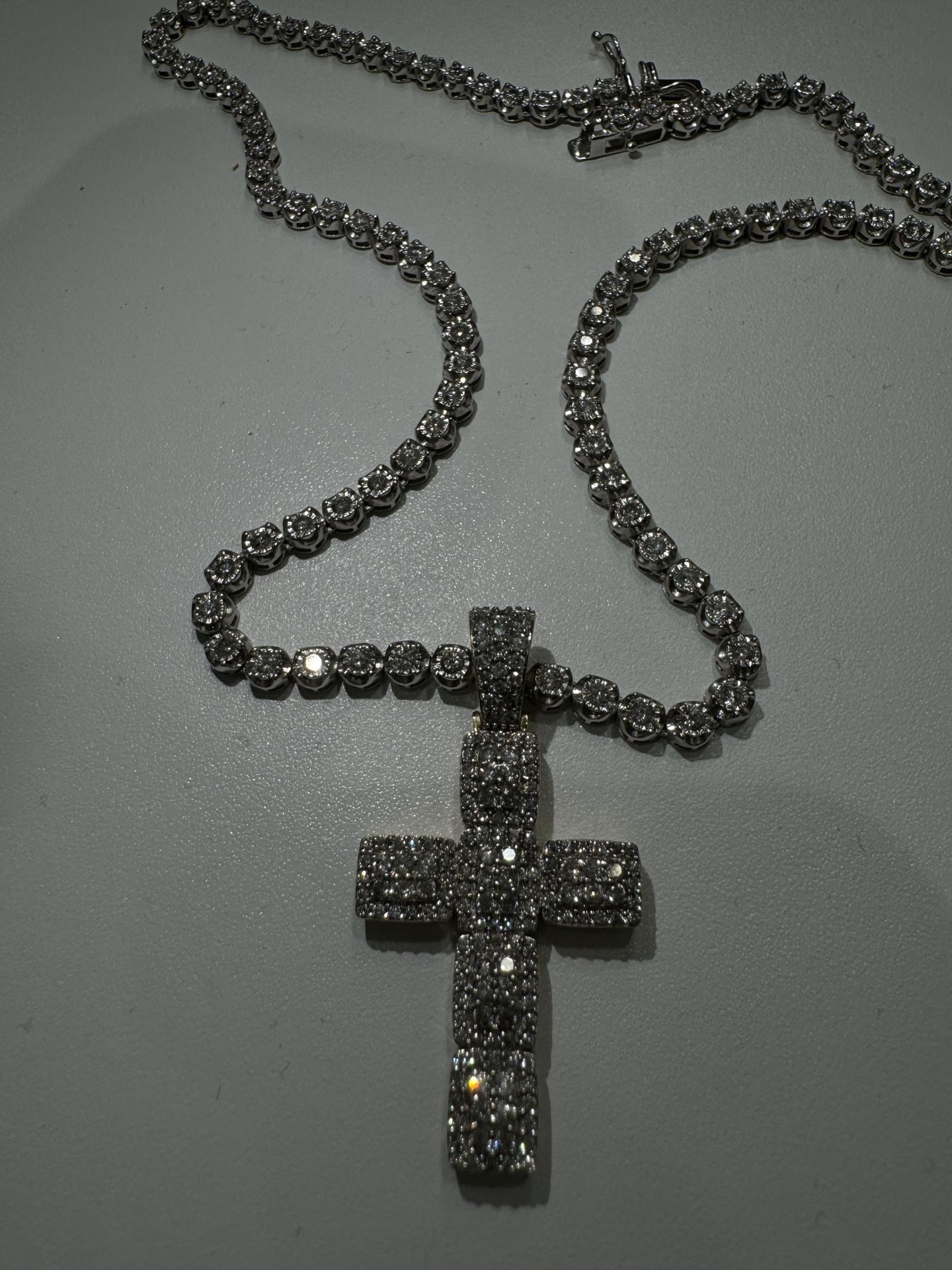 Diamond Tennis Chain & Diamond Cross Pendant