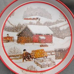 Round Metal Tray With Barn Scene