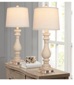 29" Tall Table Lamp for Living Room Set of 2,Farmhouse Nightstand Bedside Lamps with USB C+A Ports & AC Outlet,3-Way Dimmable Touch Control Desk Lamp 