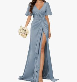 Women's V Neck Bridesmaid Dresses 2025 with Sleeves Long Ruched Satin Formal Prom Gowns for Party  Wedding, Bridemades, Prom