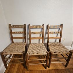 Vintage Rustic Farmhouse Ladder Back Chairs With Woven Wicker Rattan Seats
