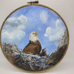 Vintage Sid Ensberg Mama & Baby Eagle Painting 1995 7.5" Diam Wooden Hoop