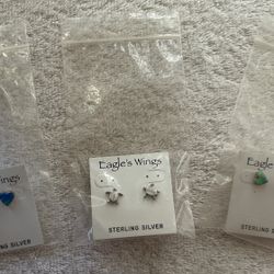 EAGLE’S WINGS STERLING SILVER HEART, TURTLE EARRINGS 3 PAIRS