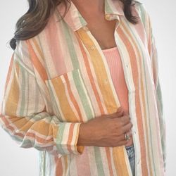 Cold water Creek Women Fruit Stripe Button Down Linen Blend Shirt Sz L
